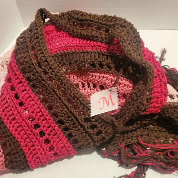 Handmade Afghan Poncho Pink & Brown W Fringe Bottom App 58" - Picture 2 of 6